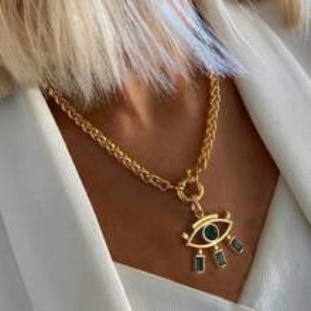 Gold Evil Eye Necklace with Green Gems